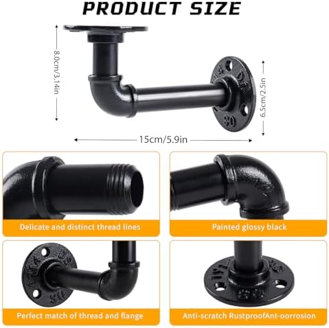 l-shaped industrial pipe shelf brackets, black metal wall-mounted shown in use