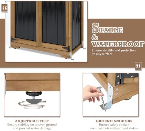 outdoor storage cabinet with shelves, weatherproof tool shed showing dimensions