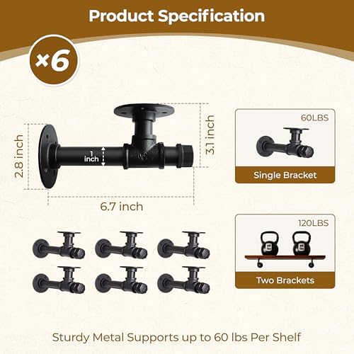 industrial t pipe shelf brackets for 6-12 in, close-up detail