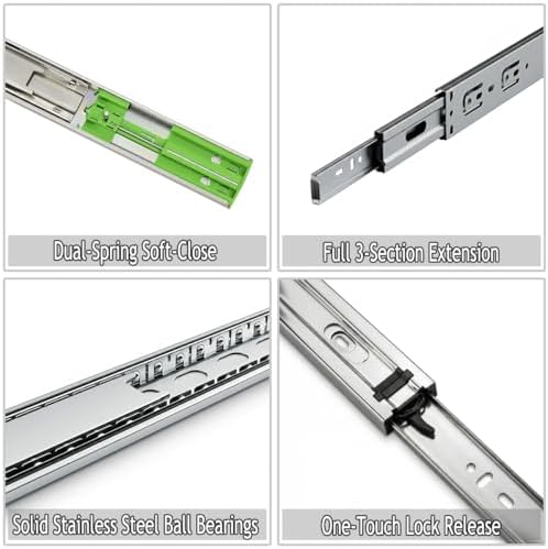 soft close 24" drawer slides, full extension side, close-up detail