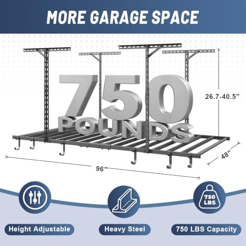 jusgym 4x8ft overhead garage ceiling storage rack with shown in use