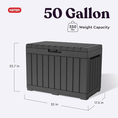 keter kentwood 50 gal outdoor storage box and shown in use