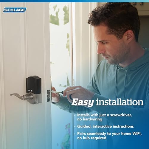 schlage encode smart wifi lock, lever handle, camelot, front angle view