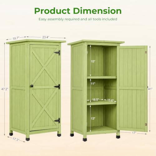 wooden outdoor storage cabinet, vertical garden tool shed, close-up detail