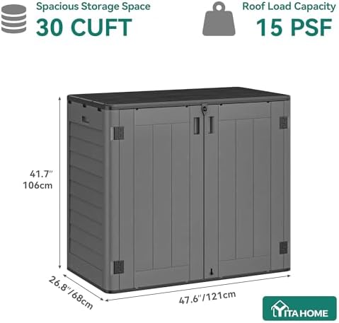 yitahome outdoor storage shed w/o shelf, 30 cu showing dimensions