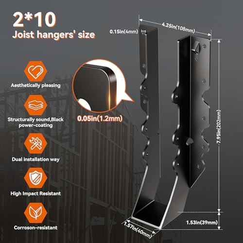 black joist hangers 2x10, 18 gauge rafter brackets, side view