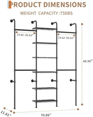 l3 wall mounted pipe closet system, matte black, side view