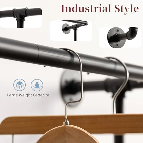 wall clothes rack, industrial pipe clothing rack, hanging, side view