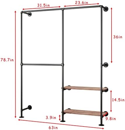 industrial pipe clothes racks with black shelves, industrial, side view