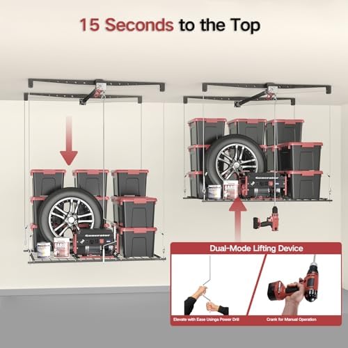 overhead garage storage rack for 10–12 ft ceiling on a desk or shelf