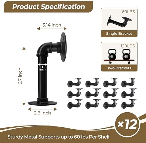 industrial l pipe shelf brackets for 7-14 in, close-up detail