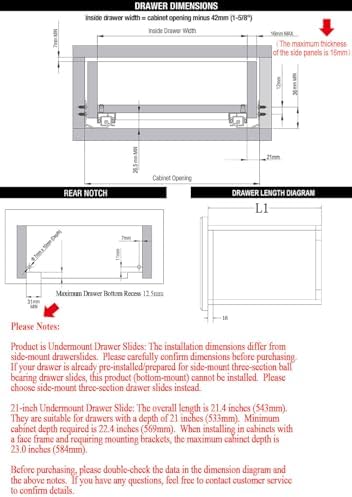 ocg soft close undermount drawer slides 21 inch showing dimensions