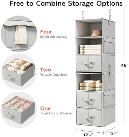 6-shelf hanging closet organizer with 3 drawers, separable, close-up detail