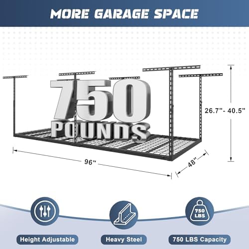 4x8ft overhead garage storage rack 750lbs capacity, 26"-40" shown in use