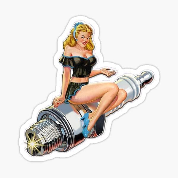 STICKY DUDE - Sexy Pin Up Girl Spark Plug Vinyl Sticker, 5 Inches - Waterproof Motorcycle Tool Box Bikers Laptop Wall Car Bumper Decal