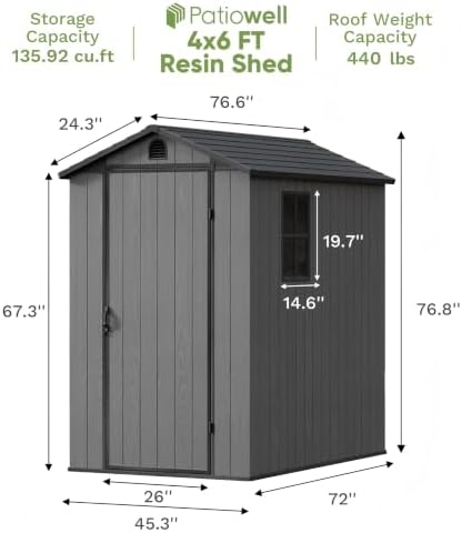 patiowell 4x6 ft resin storage shed with floor, side view
