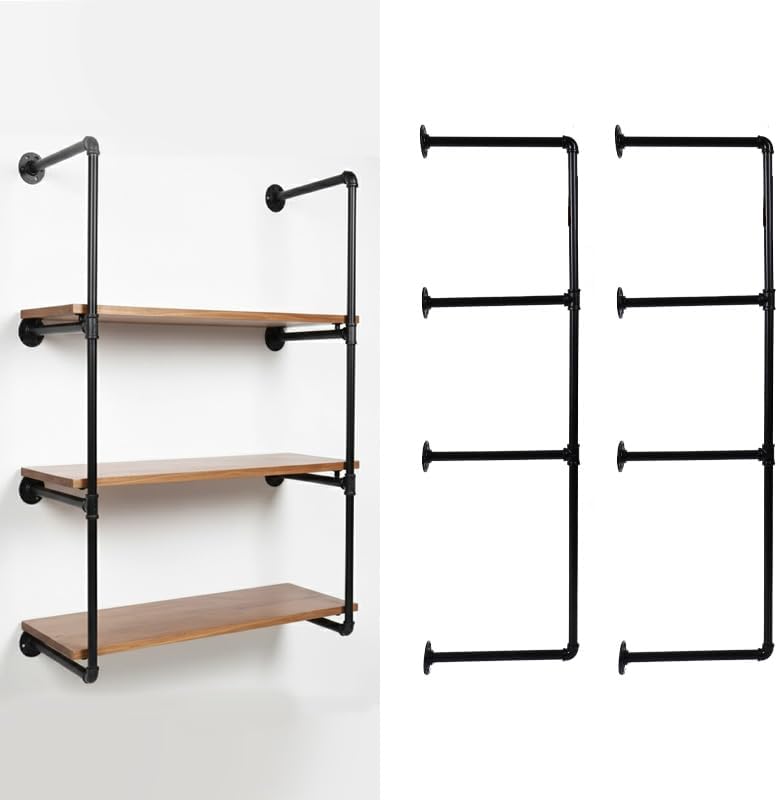 4-tier industrial pipe shelving bracket system, black iron, main product view