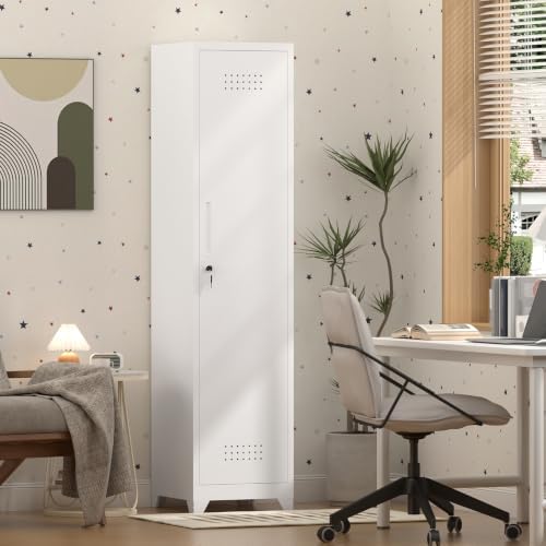 slim broom storage cabinets, metal cabinet with shelves, front angle view