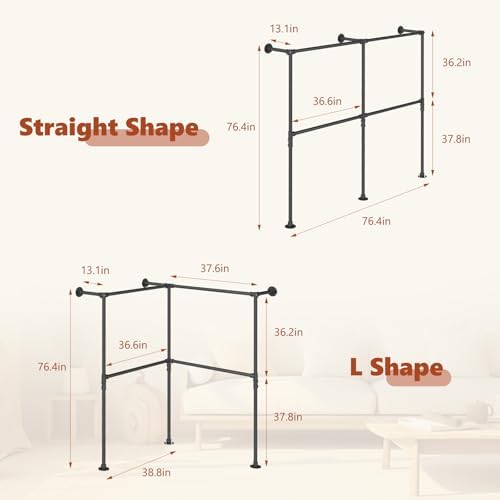 kelixu 76.4" industrial pipe clothing rack for wall showing dimensions