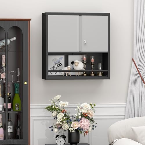metal wall cabinet, steel floating hanging storage cabinet on a desk or shelf