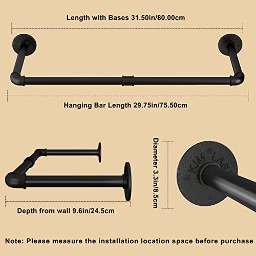 wall mounted clothes rack 31.5in, industrial pipe wall showing dimensions