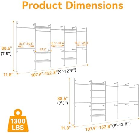 higeego w5 wall mounted clothes rack, industrial pipe showing dimensions