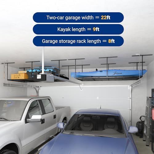 fleximounts 4x8 overhead garage ceiling storage rack organization showing dimensions