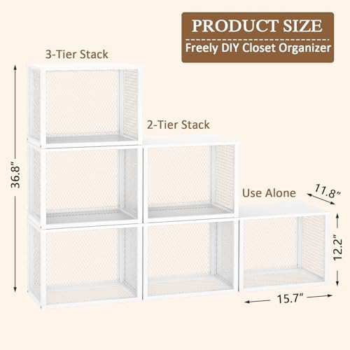 stackable closet organizers and storage basket, closet shelves, close-up detail