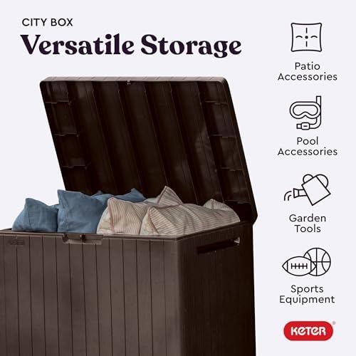 keter city 30 gallon resin outdoor storage box, side view