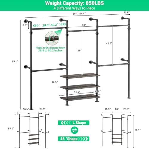 aheaplus expandable industrial pipe clothing rack, 7.3-10.9ft closet on a desk or shelf