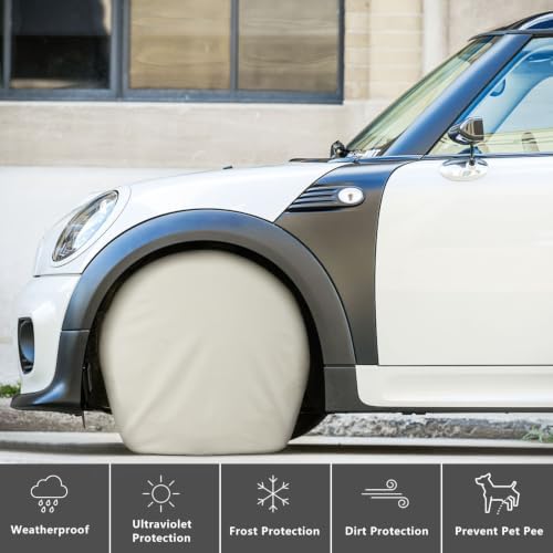 eletecpro RV Tire Covers 4 Pack, Waterproof Wheel Covers with Tough 600D Oxford Fabric, UV Protective Accessories for Trailer, SUV, Truck, Camper, Universal Fit 29-32 Inch Tire Diameters, Light Beige