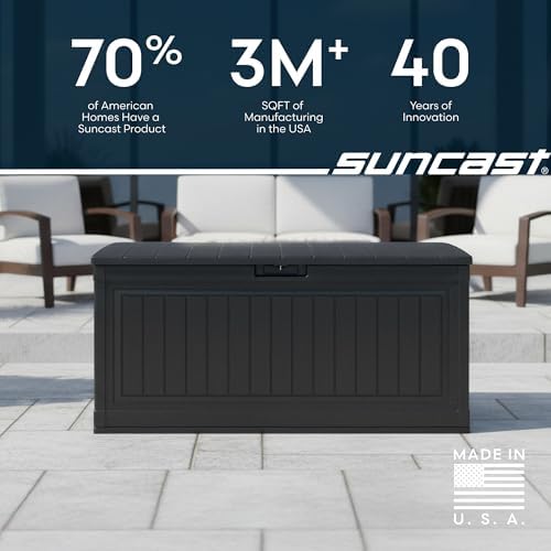 suncast 80 gal, large outdoor patio deck box, front angle view