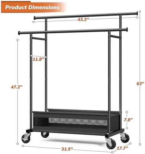 clothes rack 210 lbs double rods extra storage, close-up detail