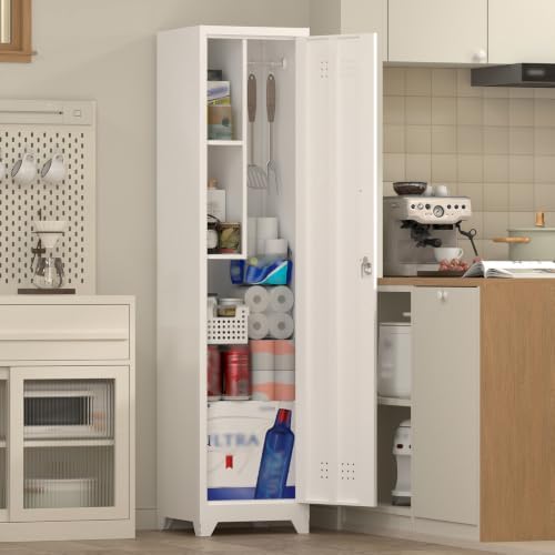 slim broom storage cabinets, metal cabinet with shelves on a desk or shelf