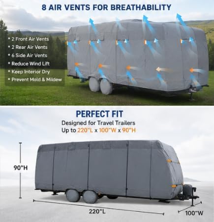 Heavy Duty 7 Layer Travel Trailer Cover for Keystone Springdale 1760BH 2020-Present, Anti-UV Waterproof Rip-Stop Fabric with Reinforced Padding & Air Vents, 220" L x 100"'W x 90" H