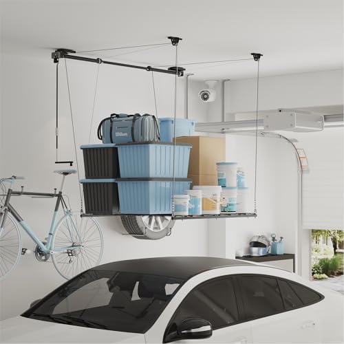 fleximounts garage ceiling lifting storage rack, 4x4 ft on a desk or shelf