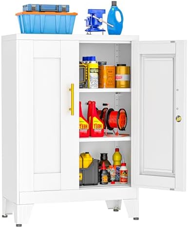 small locking cabinet, metal storage cabinet with doors, side view