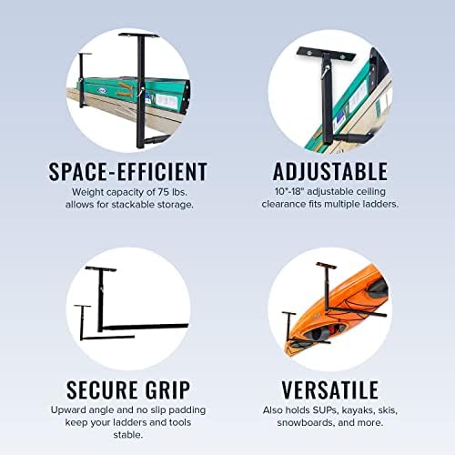 storeyourboard adjustable overhead ladder rack – garage organizer showing dimensions