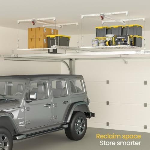 overhead garage storage rack for 10-12ft ceiling, heavy-duty on a desk or shelf