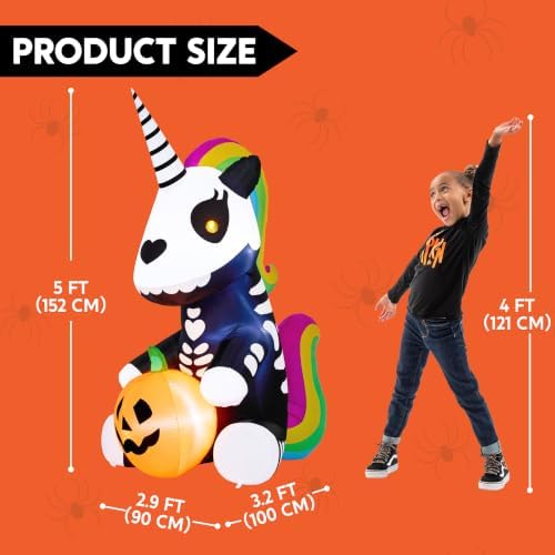 Joiedomi 5 FT Halloween Inflatable Sitting Skeleton Unicorn with LED Lights, ...