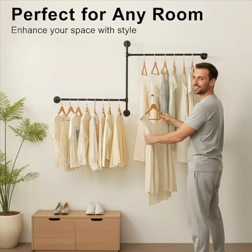 industrial pipe clothing rack, wall clothes rack, hanging, side view