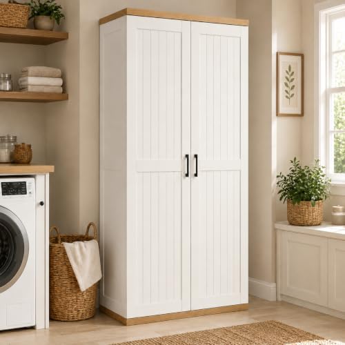 68.9" wooden broom closet storage cabinet with perforated on a desk or shelf