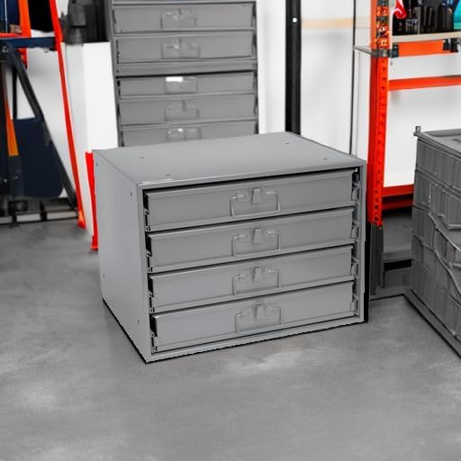 global industrial durham steel compartment box rack with shown in use