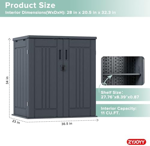 outdoor storage cabinet with 2 shelves, waterproof resin shown in use