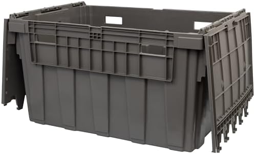 buckhorn industrial lidded plastic storage container, nesting and, front angle view