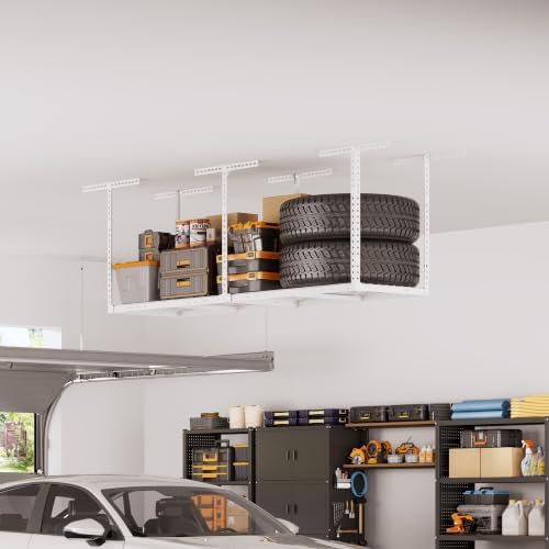 2x8ft overhead ceiling garage storage rack, 400lbs capacity shown in use