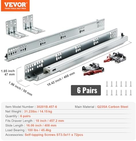 vevor bottom mount drawer slides 6 pairs 18, front angle view