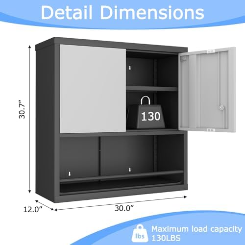 metal wall cabinet, steel floating hanging storage cabinet, close-up detail