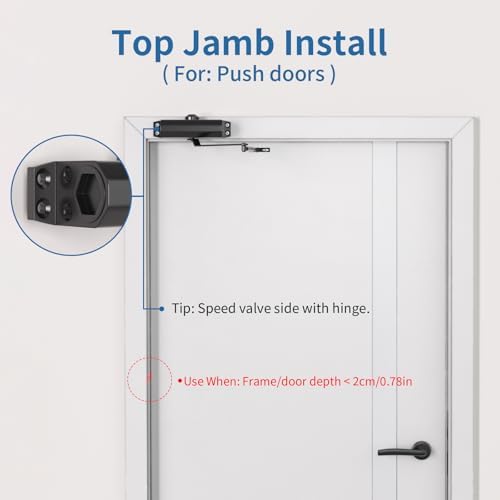 door closer, adjustable hydraulic speed, soft close, black, front angle view