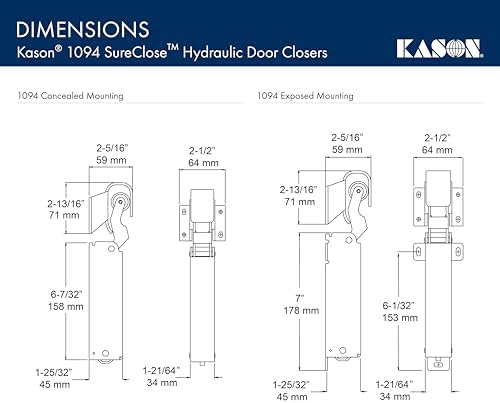 kason 1094 sureclose hydraulic door closer and hook showing dimensions